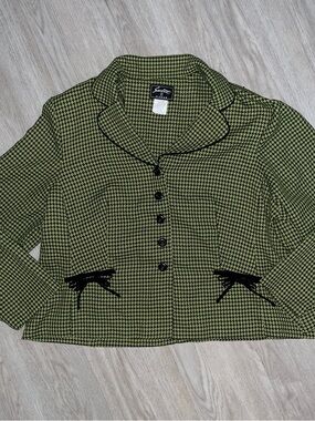 Vintage Green Houndstooth Button-Front Jacket with Contrast Trim and Bows 22W
